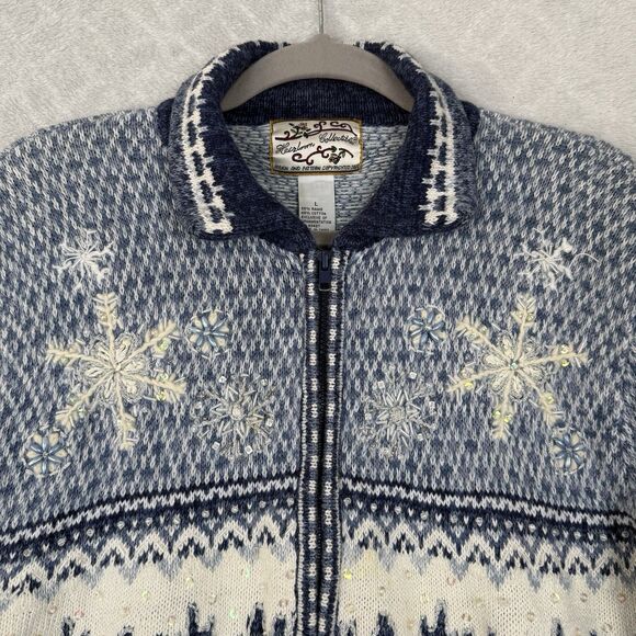 Vtg Heirloom Collectibles Sweater Large Blue Winter Snowflakes Knit Full Zip Y2K - Picture 3 of 14